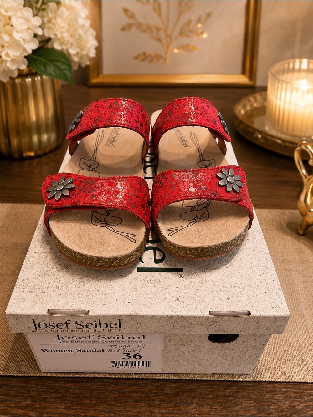 Josef Seibel Red Leather Double-Strap Sandal with Floral Buttons